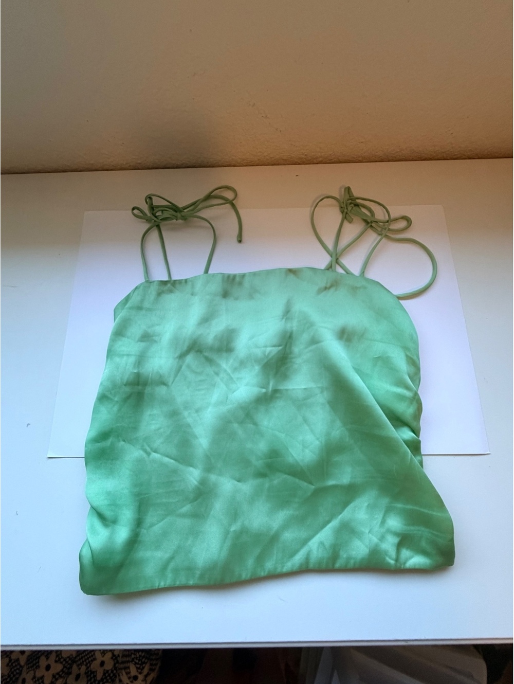 Urban Outfitters Green Satin Smocked Tie Strap Cami Tank Top Size Small
